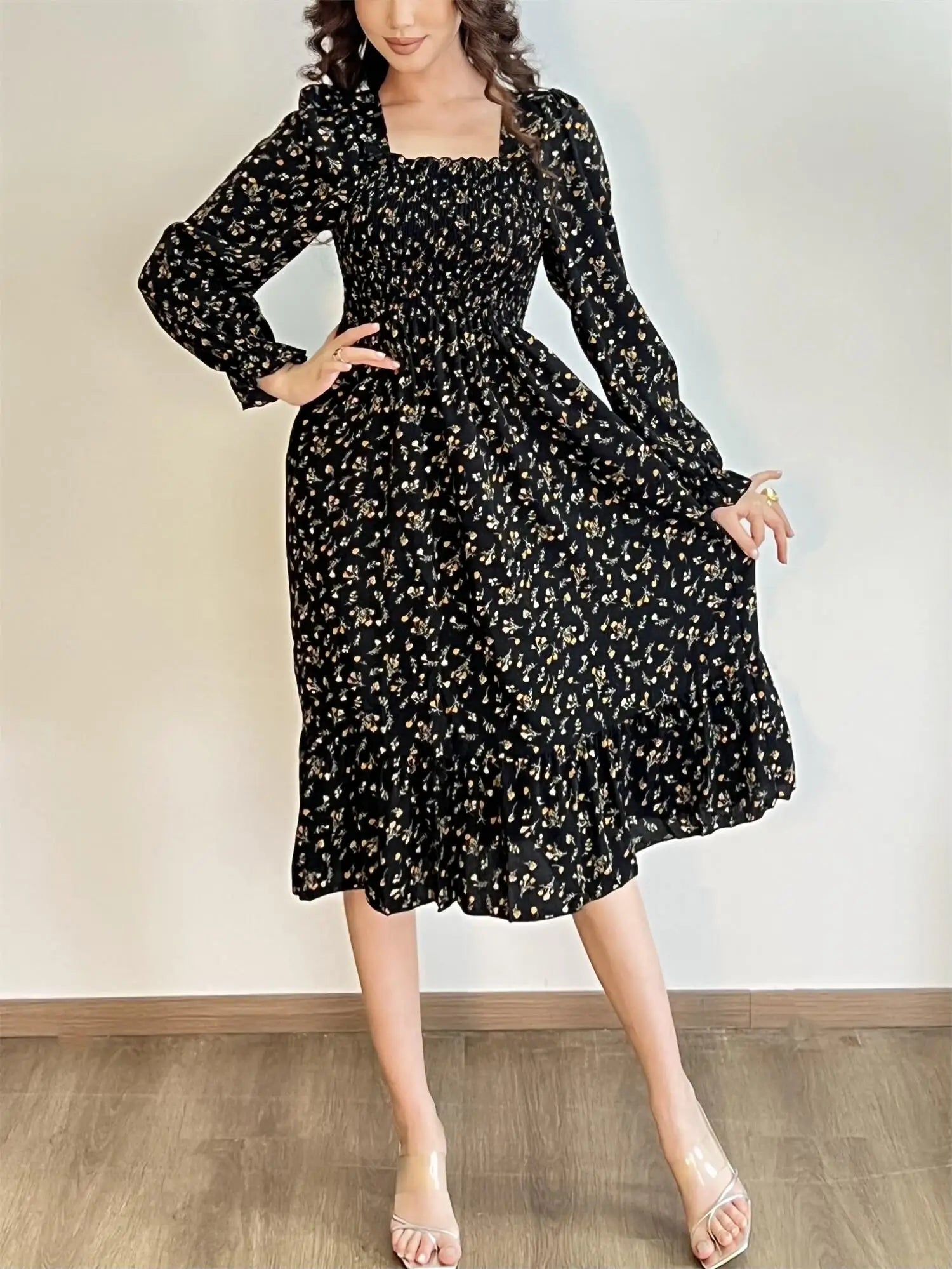 Robe décontractée à manches longues pour femmes, en mousseline de soie, automne et printemps, coupe trapèze, imprimé floral, élastique sur la poitrine, lacets, mi-longue
