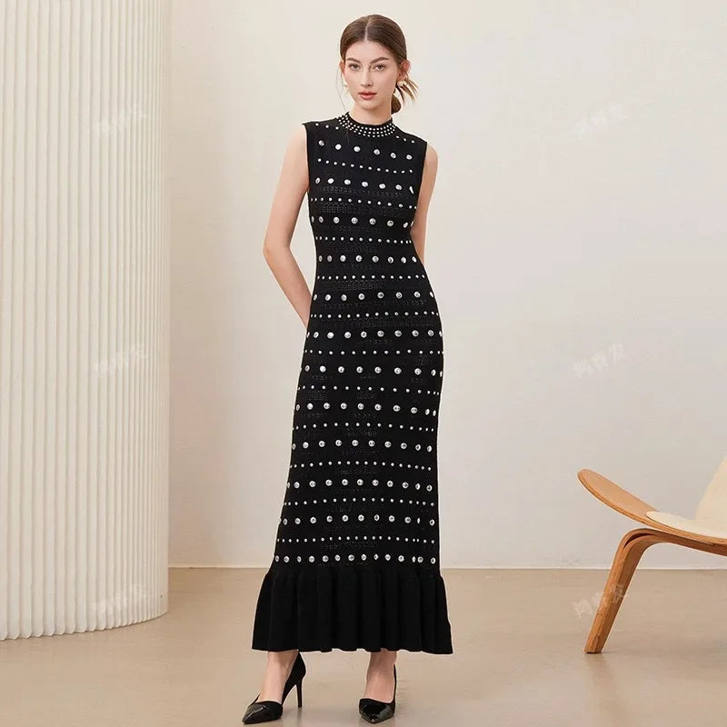 Robe tricotée de style européen et américain pour femme, col rond, perles chaudes, style unique, amincissant, longue, printemps/été