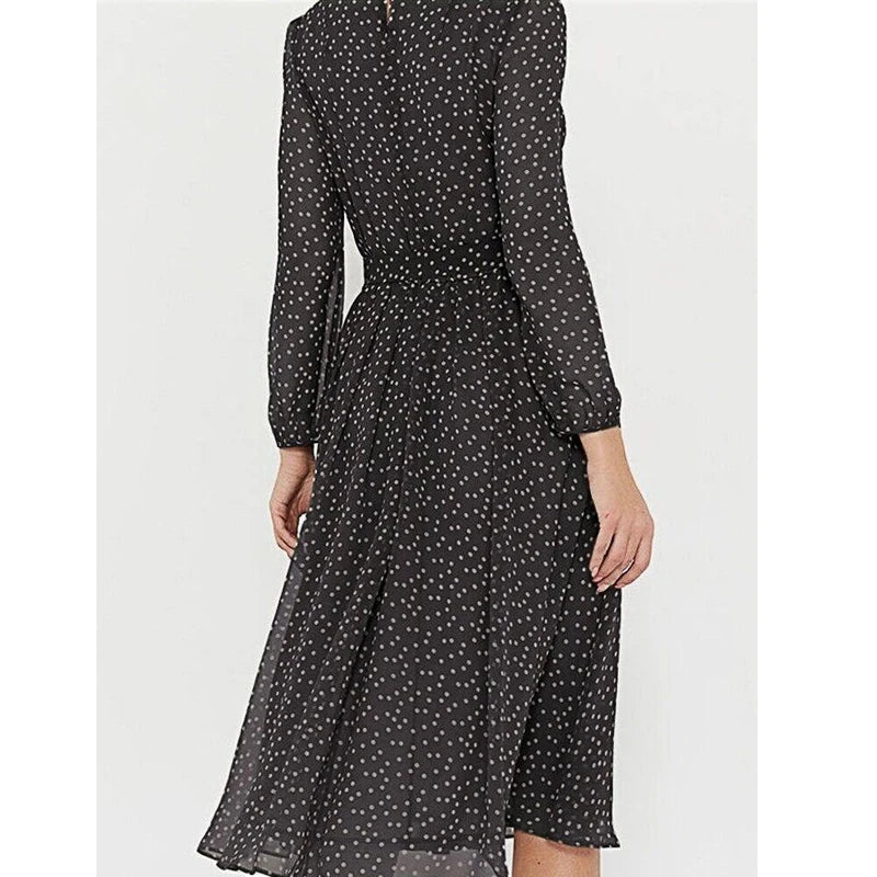 Robe en mousseline de printemps et d'été à manches longues, couleur unie, à pois, élégante, manches lanternes, col rond, taille haute