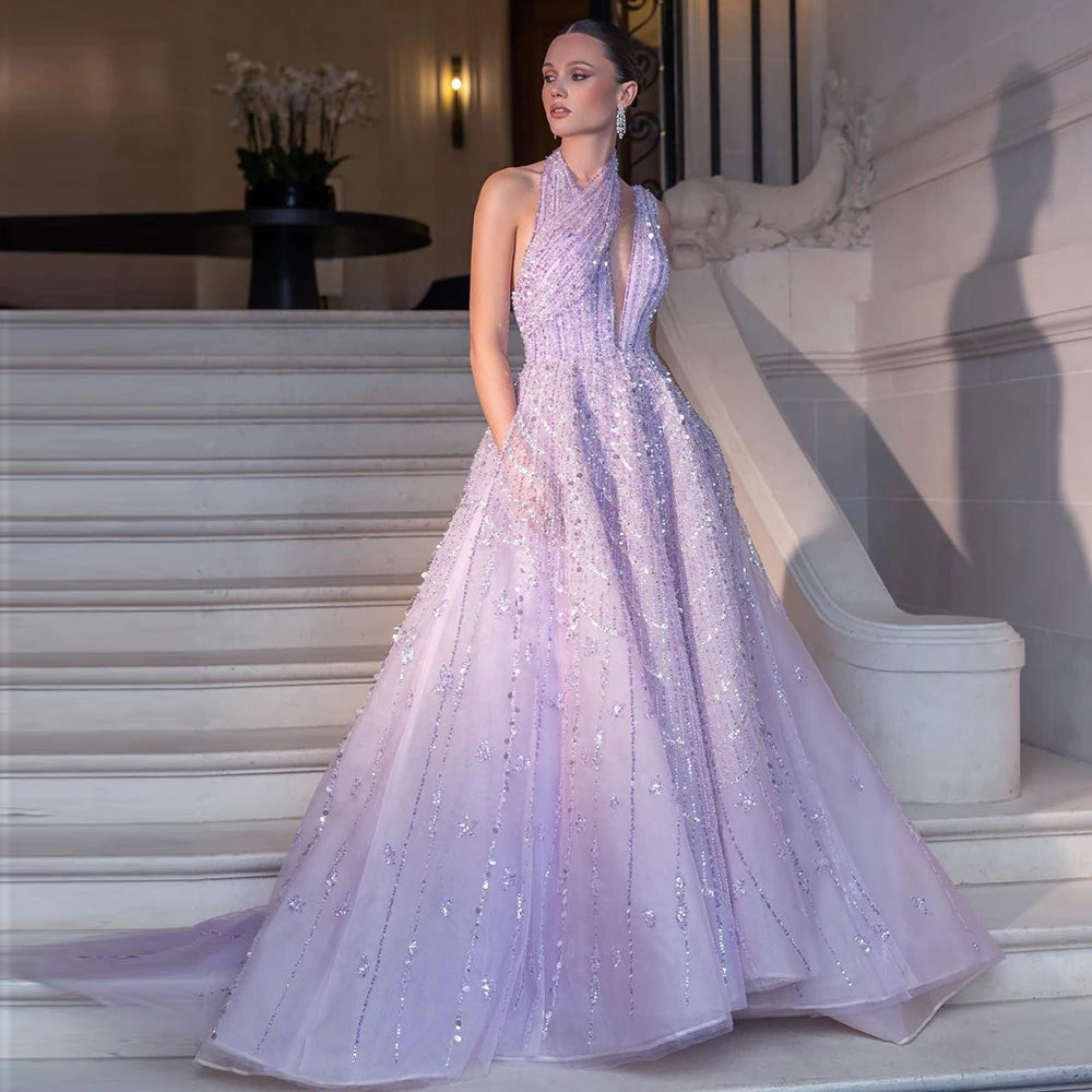 Sharon Said - Robe de soirée longue de luxe en lilas perlée de Dubaï pour femmes, tenue de soirée de mariage, robe de bal arabe, SS329, personnalisée