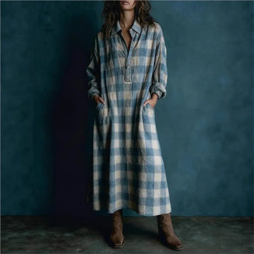 Robe longue ample à carreaux, coupe droite, poches et manches longues, idéale pour le printemps et l'automne. Jupe longue confortable et élégante pour femme.