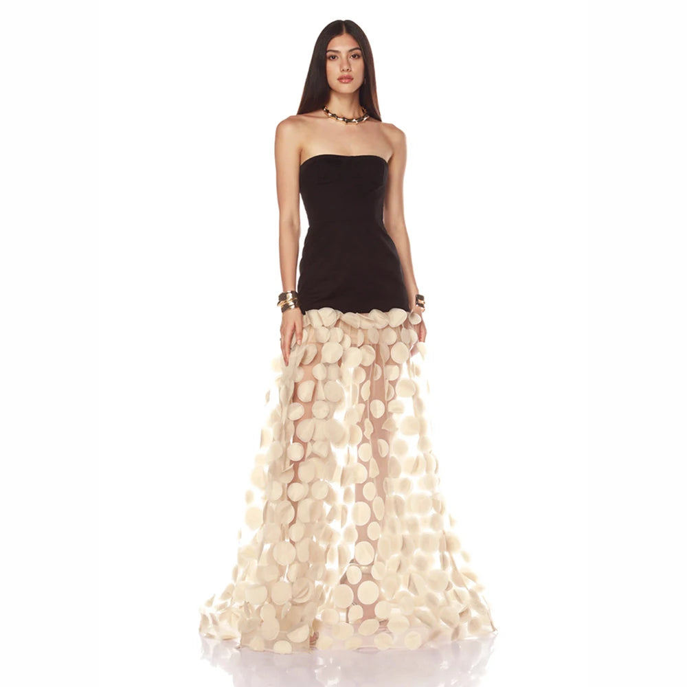 Robe tutu en tulle sans manches pour femme, tenue de soirée élégante, épaules dénudées, couleur unie, pois 3D, dentelle, coupe trapèze