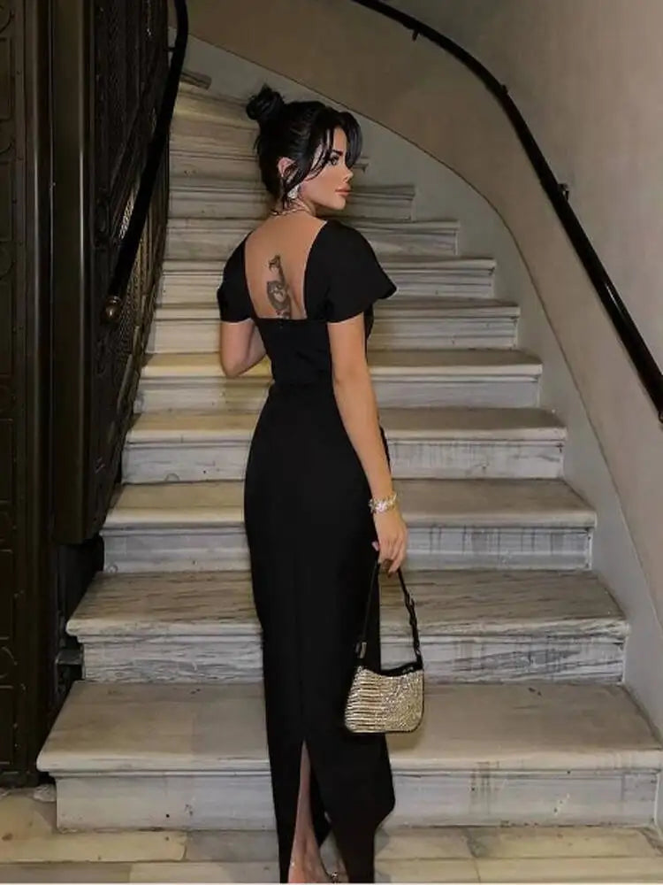 Robe moulante à manches courtes et col carré pour femme, tenue de soirée longue à motif diamants, longueur au sol, style célébrité