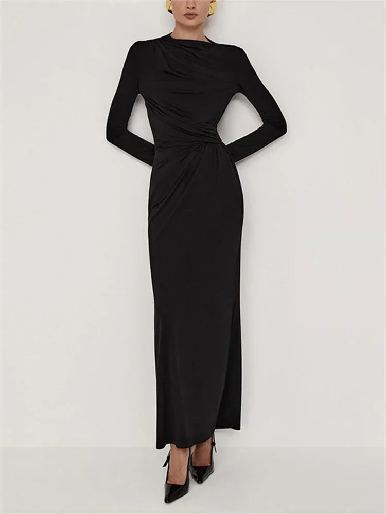 Robe longue plissée et fine pour femme, élégante, taille haute, manches longues, style bandage, automne, patchwork