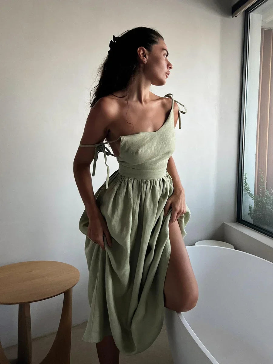 Bornladies Printemps Été Plage Style Femmes Robe Vintage Lâche A-ligne Sling Robe Sexy Fille Chaude 100% Coton Col V Robe
