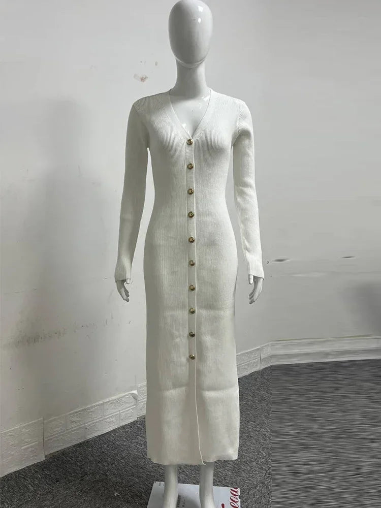Robe de soirée élégante Trendix pour femmes, col en V, manches longues, patchwork, boutons, fente, pull, automne-hiver 2024, robe longue en tricot