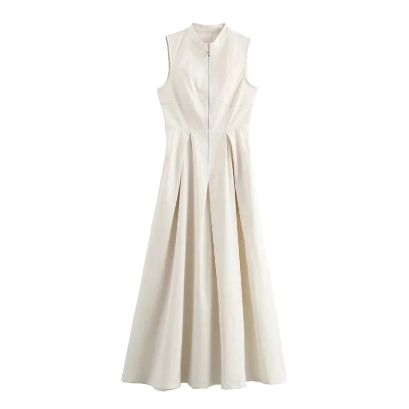 Robe longue à fermeture éclair pour femme, plissée, sans manches, moulante, élégante, tenue de soirée, mi-longue, été, 2025