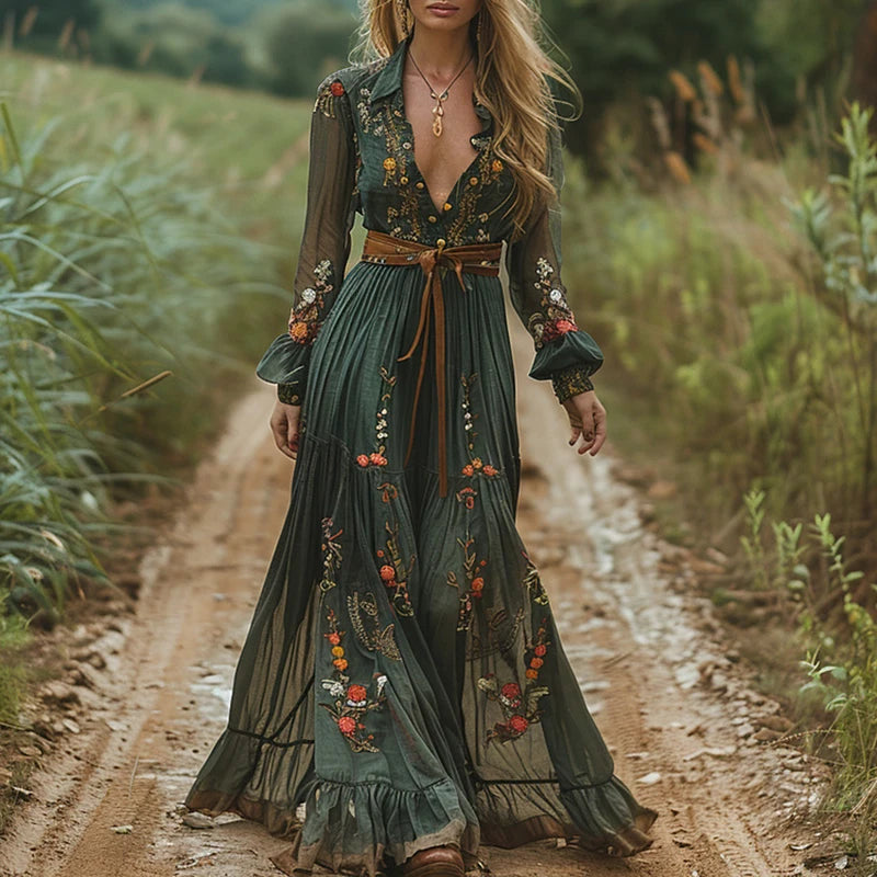 Robe longue plissée taille haute à imprimé vintage pour femme, décontractée, col en V, style bohème, manches longues, collection automne 2024