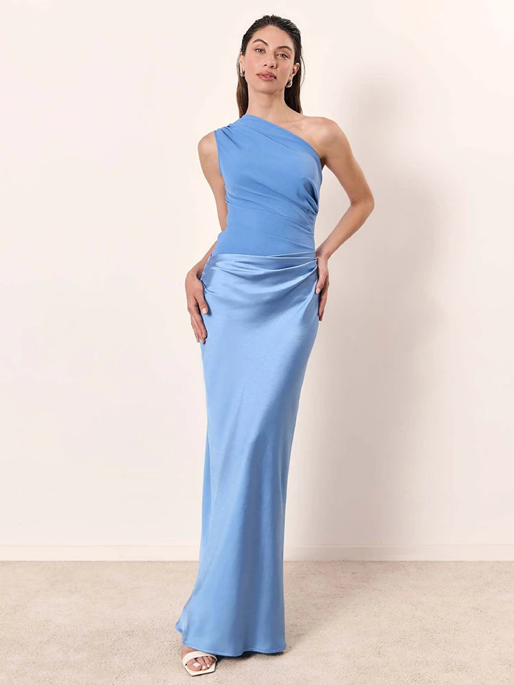Robe longue asymétrique en satin patchwork, sans manches, taille haute, coupe cintrée, élégante, idéale pour les soirées en club ou les mariages.