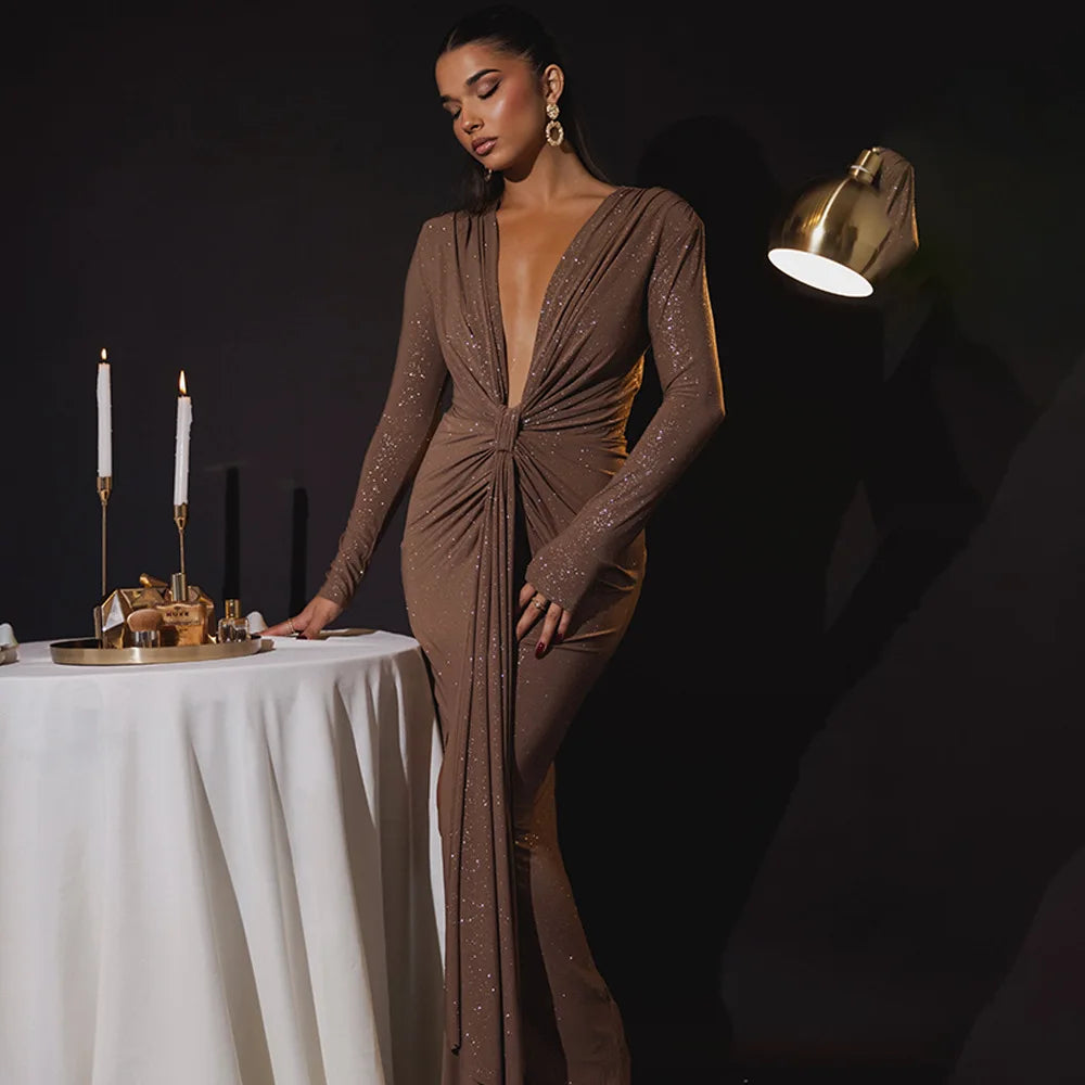 Robe longue pailletée à décolleté plongeant pour femme, élégante robe de soirée moulante à manches longues et fronces, style club, sexy