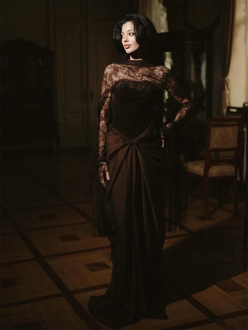 Robe de bal Sansa marron personnalisée fendue sur le devant et sur le côté, plissée avec châle, robe de soirée longue de cérémonie.