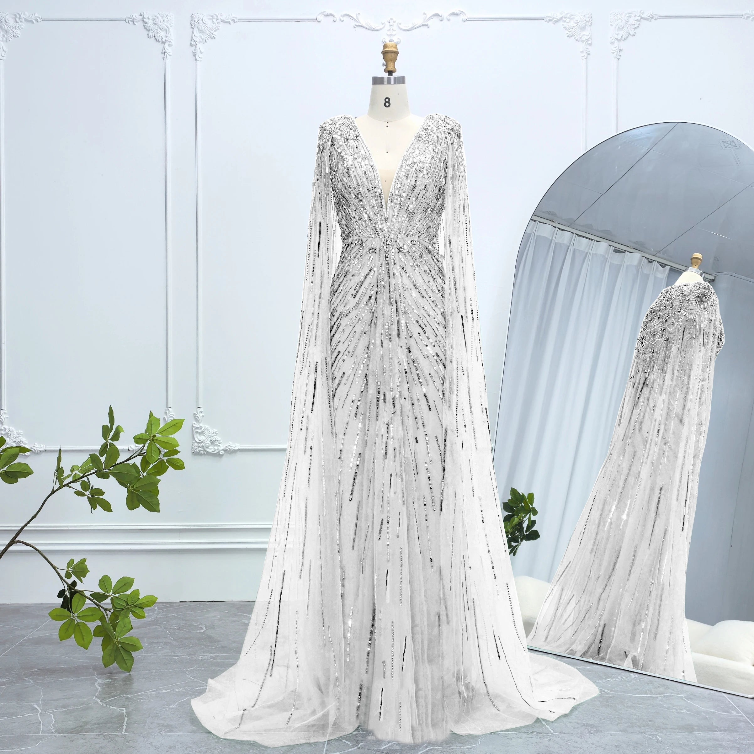 Robe de soirée luxueuse Alice CollectionPro vert sauge pour femme 2025 avec manches cape, robe de mariée longue champagne sur mesure