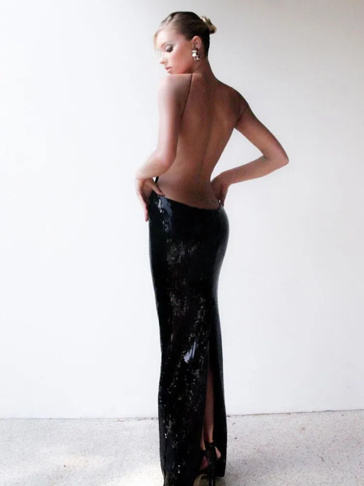 Robe longue d'été luxueuse et sexy à dos nu et paillettes noires en maille pour femme, tenue de soirée élégante et scintillante