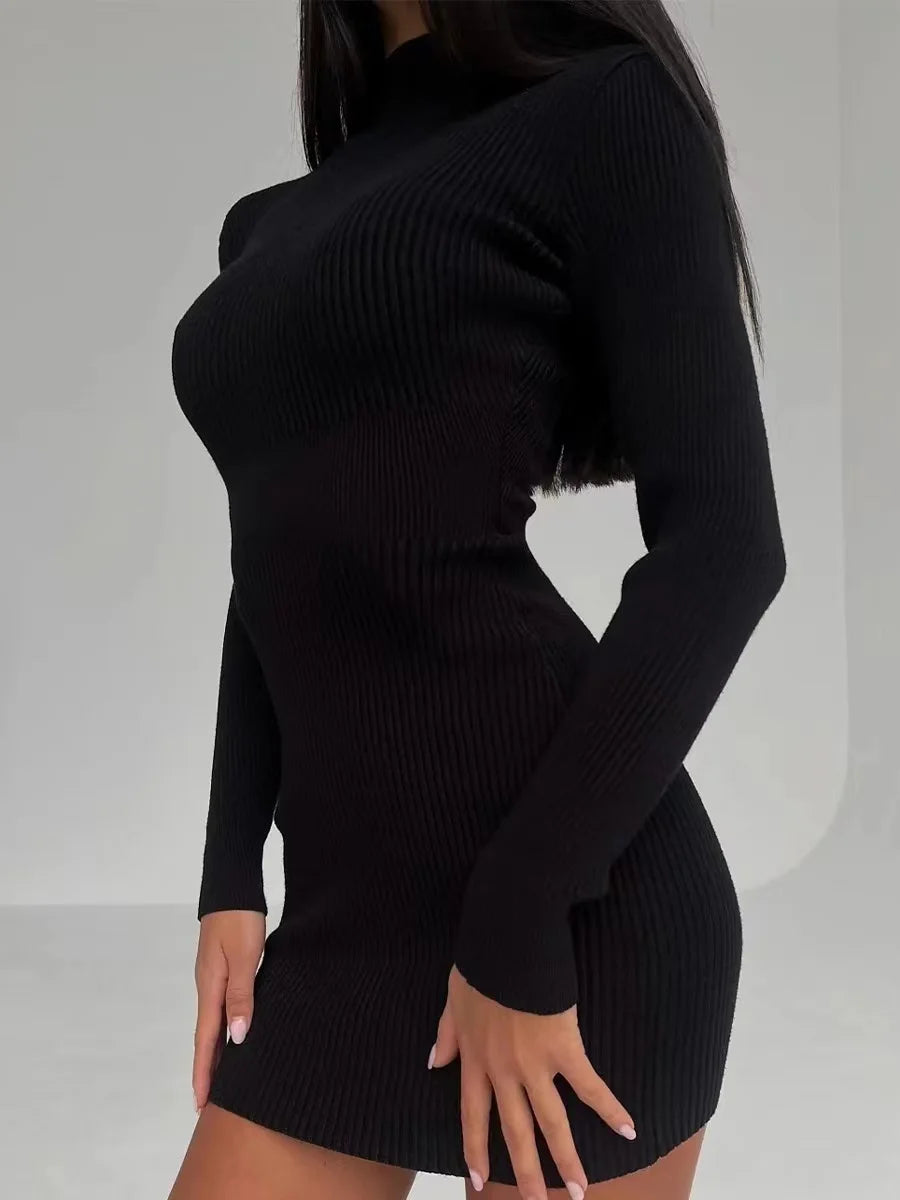 Robe mi-longue moulante à manches longues pour femme, nouvelle collection automne 2024, tricot, col roulé, élégante, couleur unie, slim