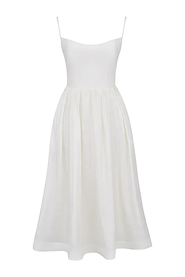 2025 Robes pour femmes Rose Élégante et Jolie Midi Blanc Robe de Vacances Spaghetti Strap Robe de Plage A Ligne Robes de Soirée