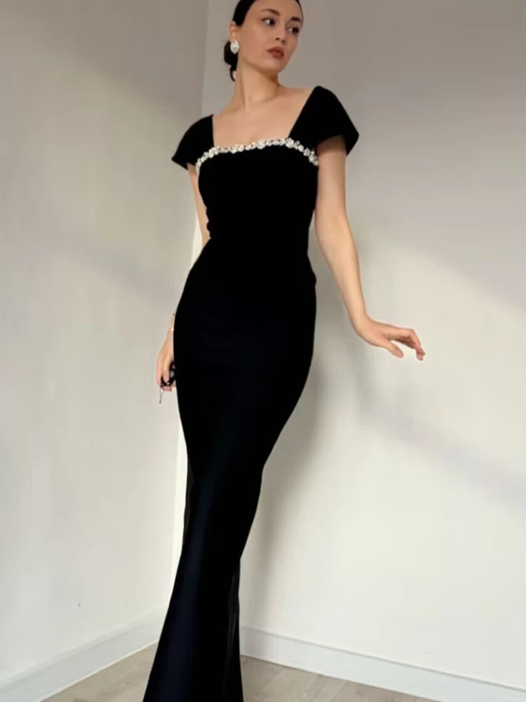 Robe moulante à manches courtes et col carré pour femme, tenue de soirée longue à motif diamants, longueur au sol, style célébrité