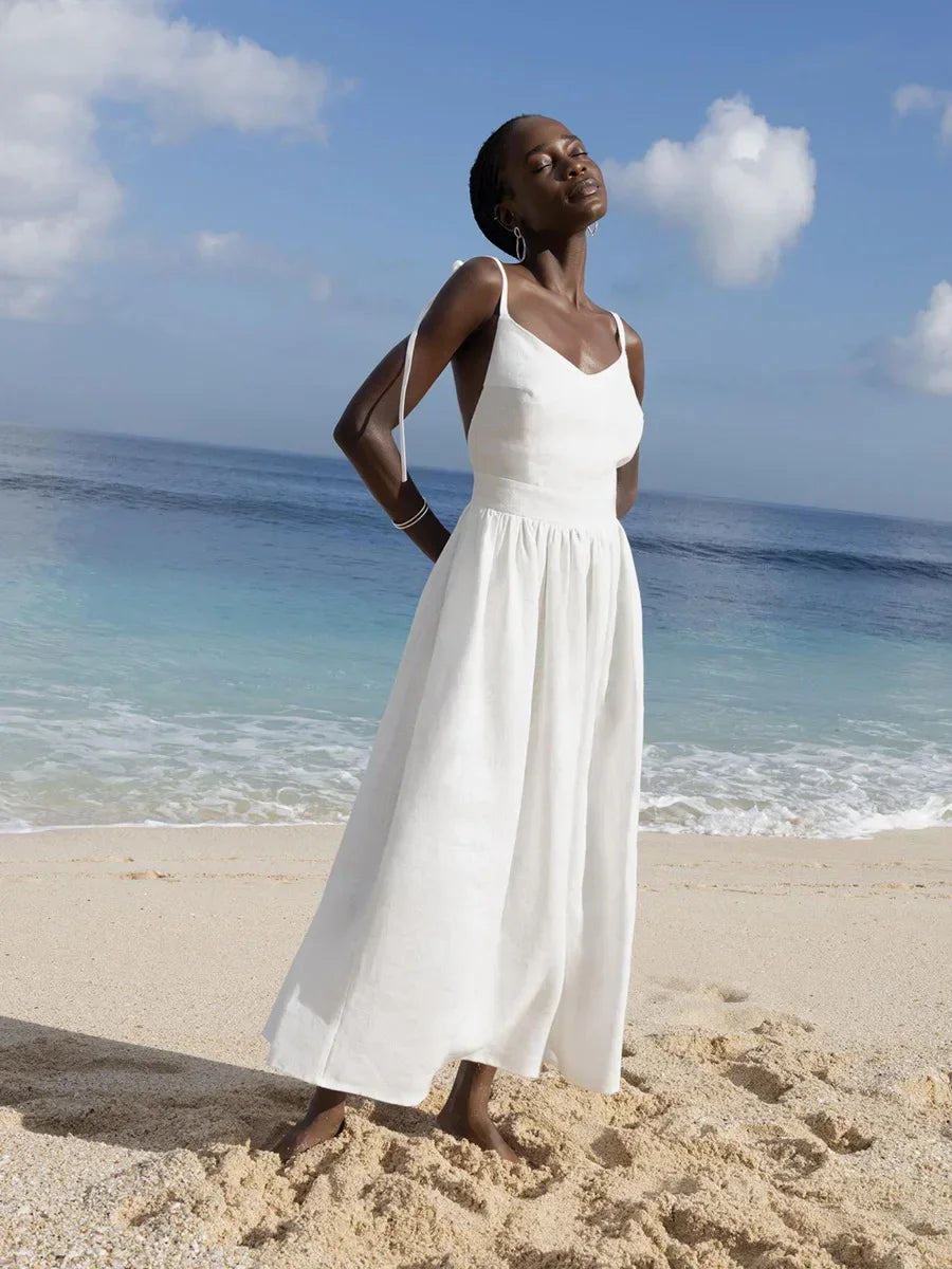 Bornladies Printemps Été Plage Style Femmes Robe Vintage Lâche A-ligne Sling Robe Sexy Fille Chaude 100% Coton Col V Robe