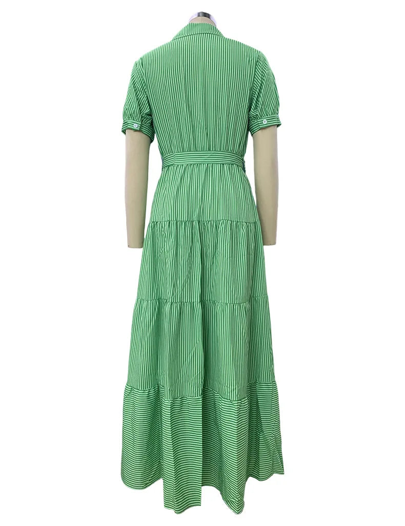 Robe longue à rayures bleues pour femmes, manches courtes, lacets, ourlet à volants, style streetwear, style bohème, vacances, bureau, robes d'été