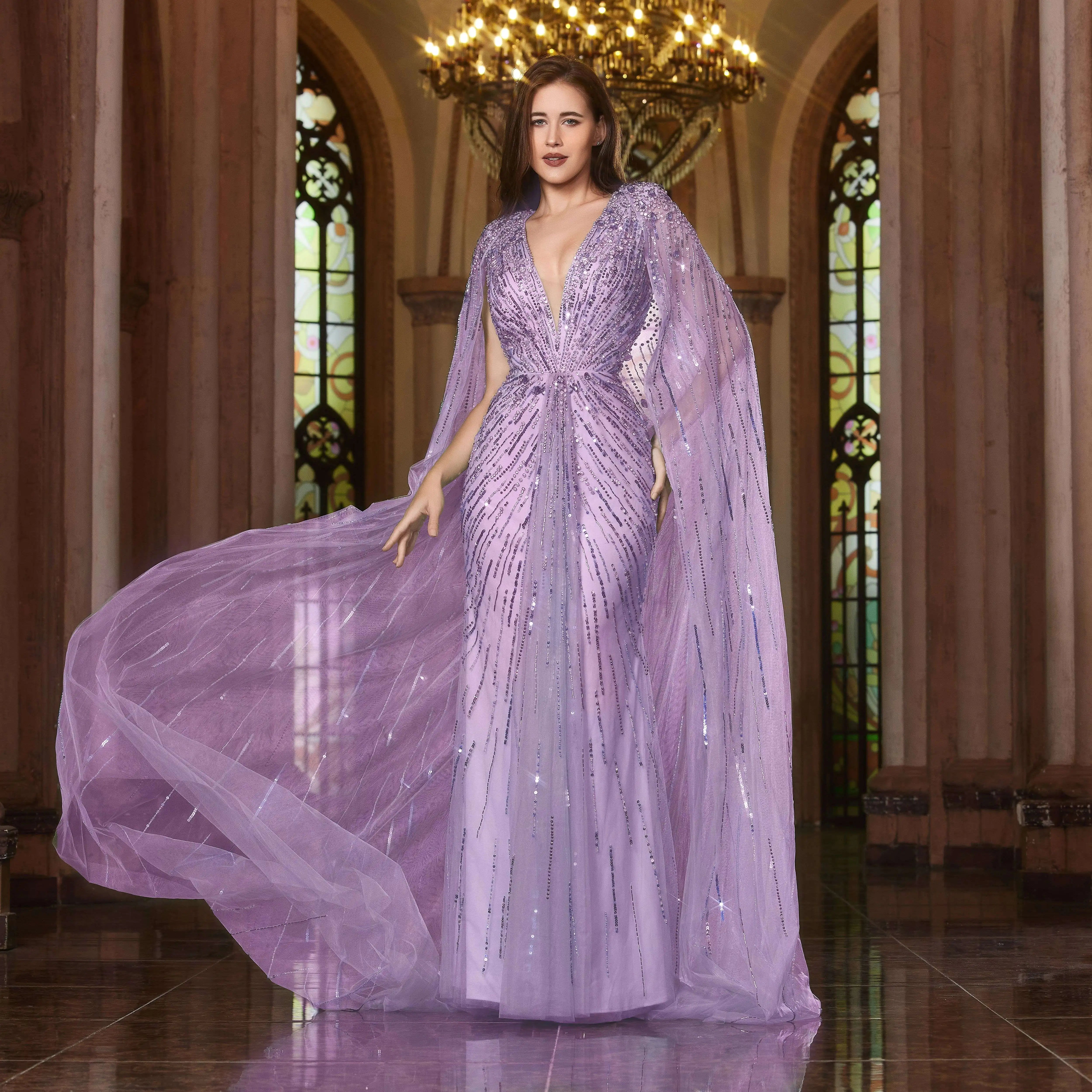 Robe de soirée luxueuse Alice CollectionPro vert sauge pour femme 2025 avec manches cape, robe de mariée longue champagne sur mesure