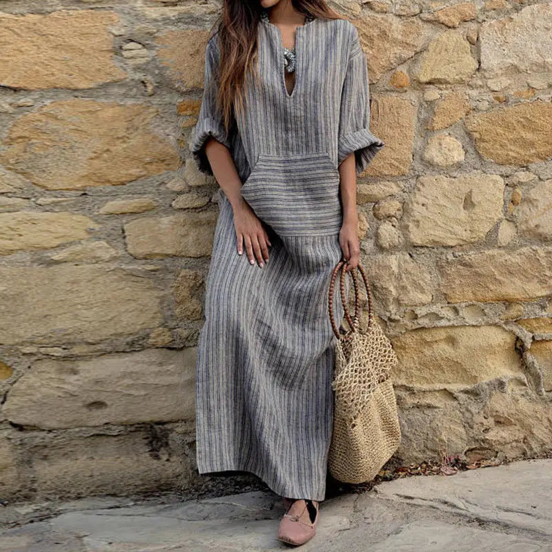 Robe longue à rayures en coton et lin teints en fil pour femme, nouvelle collection automne, avec grandes poches tendance, robe ample sexy à col en V et manches longues
