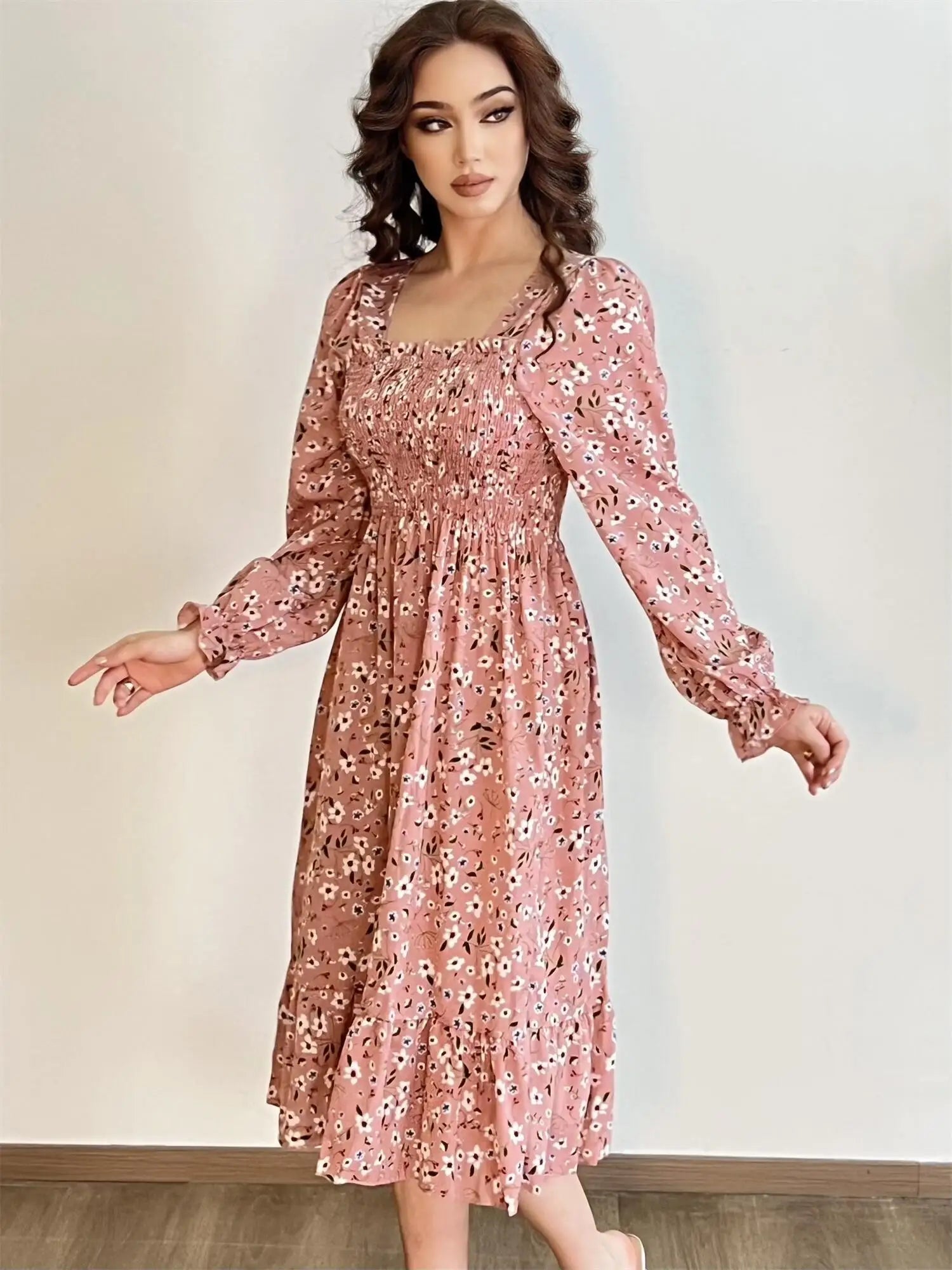 Robe décontractée à manches longues pour femmes, en mousseline de soie, automne et printemps, coupe trapèze, imprimé floral, élastique sur la poitrine, lacets, mi-longue