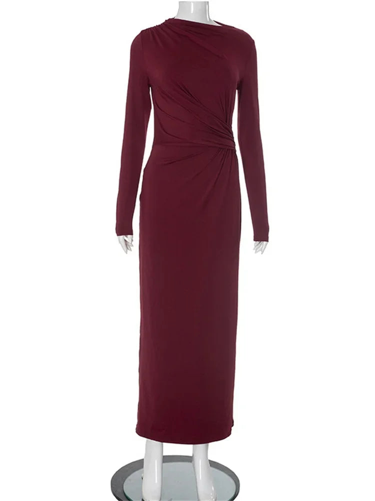 Robe longue plissée et fine pour femme, élégante, taille haute, manches longues, style bandage, automne, patchwork