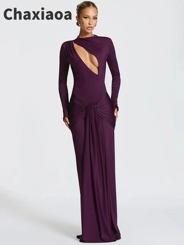 Robe longue sexy à manches longues et découpes Chaxiaoa, robe élégante pour femme, col rond drapé et froncé, coupe moulante, idéale pour les soirées en club.