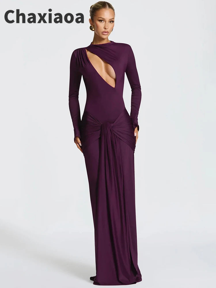 Robe longue sexy à manches longues et découpes Chaxiaoa, robe élégante pour femme, col rond drapé et froncé, coupe moulante, idéale pour les soirées en club.