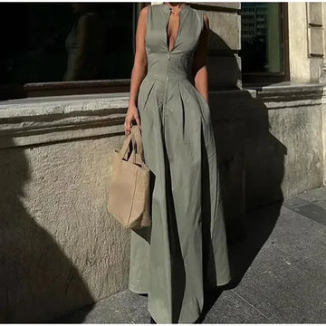 Jupe longue maxi plissée sans manches pour femme, collection été 2024, poches zippées sur le devant, coupe ajustée trapèze, ourlet large, style années 2000