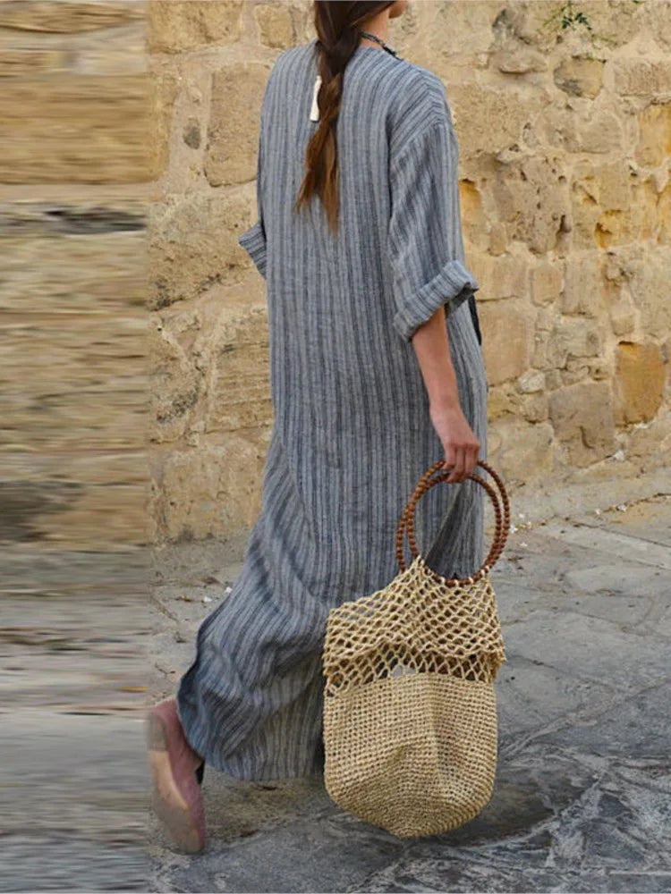 Robe longue à rayures en coton et lin teints en fil pour femme, nouvelle collection automne, avec grandes poches tendance, robe ample sexy à col en V et manches longues