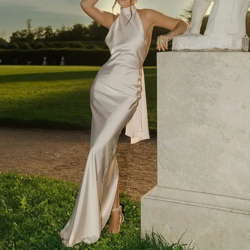Robe longue dos nu sexy en satin uni pour femme, tenue de soirée moulante, sans manches, style bohème, été