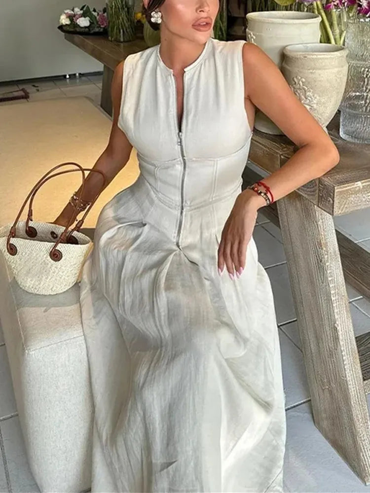 Robe longue à fermeture éclair pour femme, plissée, sans manches, moulante, élégante, tenue de soirée, mi-longue, été, 2025
