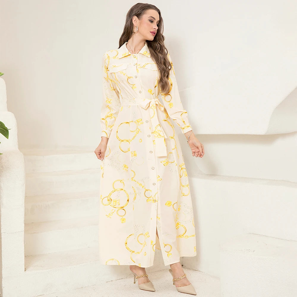 Robe chemise élégante à manches longues avec imprimé chaîne, ceinture et poche - Col sophistiqué, détails boutonnés