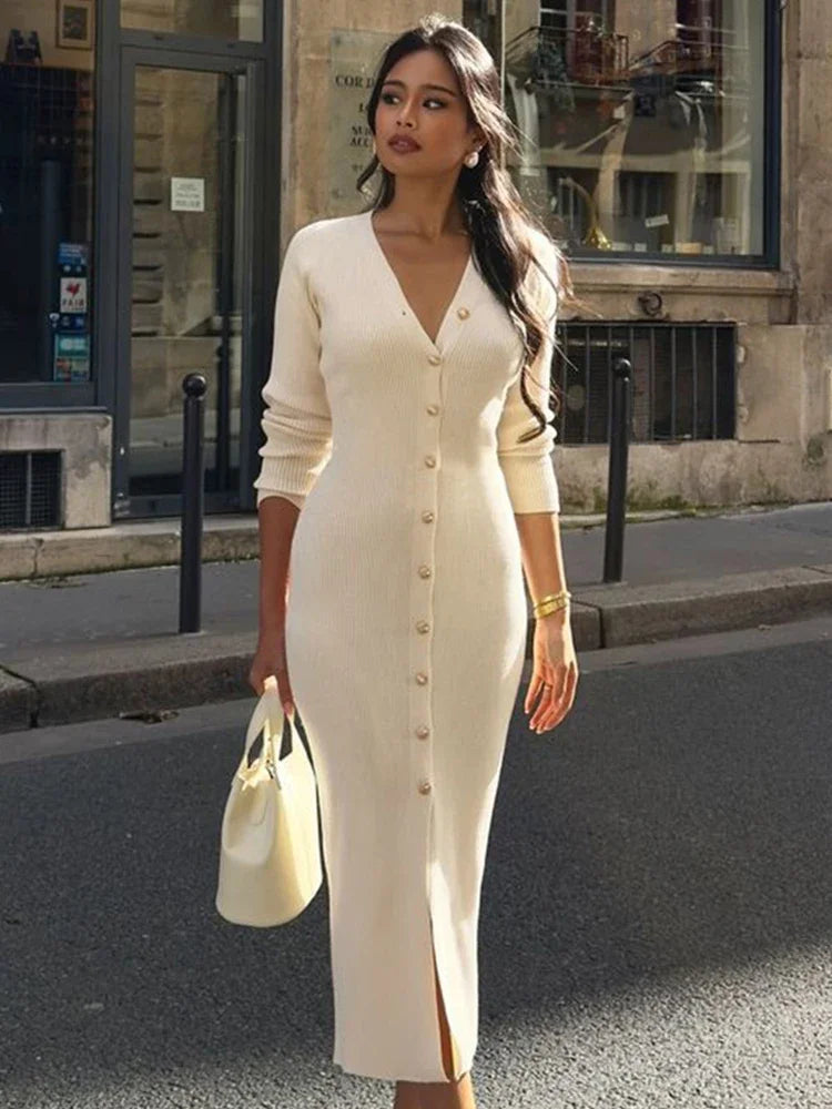 Robe de soirée élégante Trendix pour femmes, col en V, manches longues, patchwork, boutons, fente, pull, automne-hiver 2024, robe longue en tricot