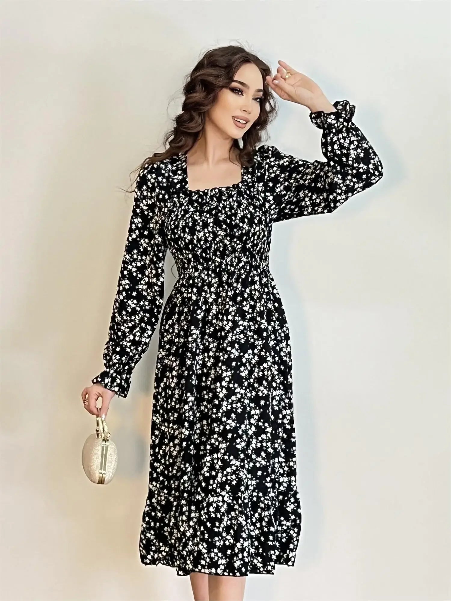 Robe décontractée à manches longues pour femmes, en mousseline de soie, automne et printemps, coupe trapèze, imprimé floral, élastique sur la poitrine, lacets, mi-longue