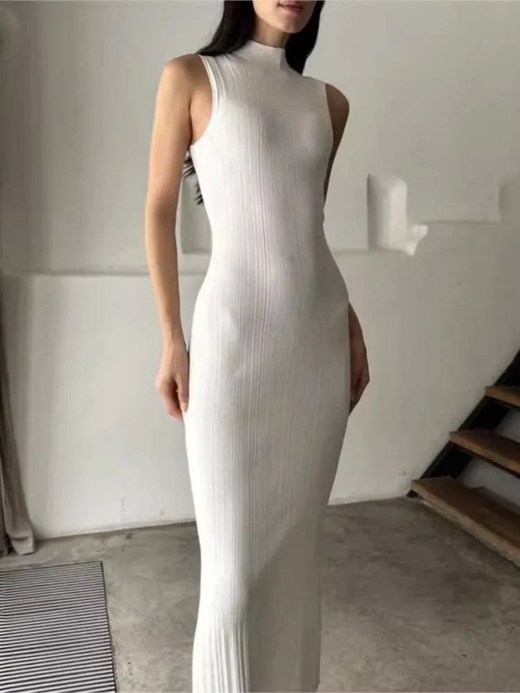 Robe longue moulante à rayures de couleur unie pour femme, sans manches, col roulé et demi-manches
