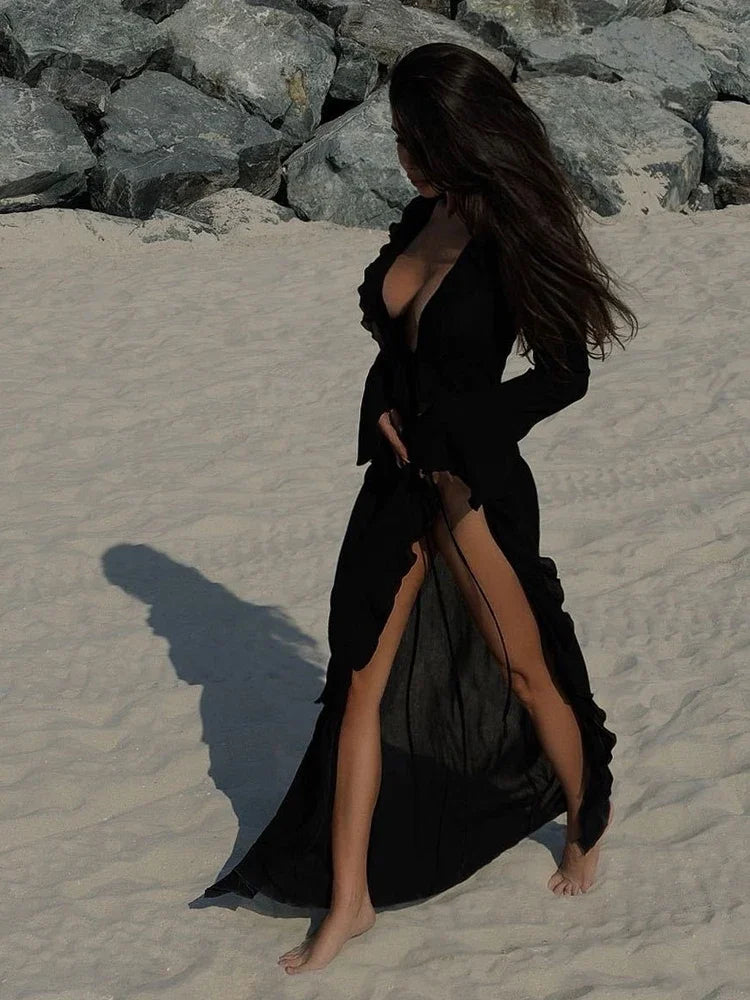 Robe de plage chic à volants pour femme, col en V, manches longues, lacets, été 2024, paréo tendance A3087