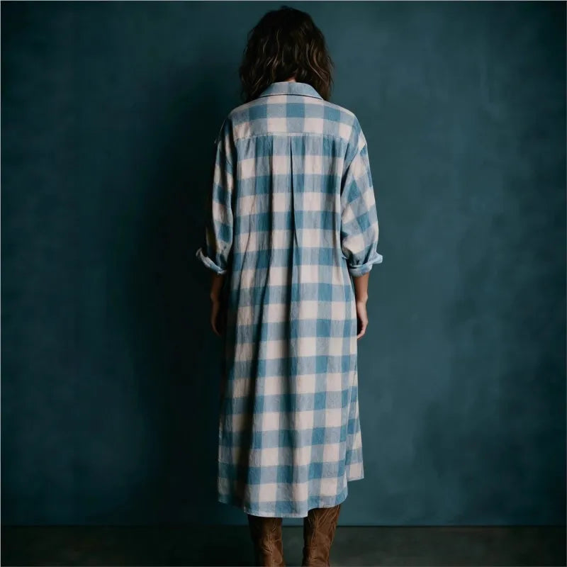 Robe longue ample à carreaux, coupe droite, poches et manches longues, idéale pour le printemps et l'automne. Jupe longue confortable et élégante pour femme.