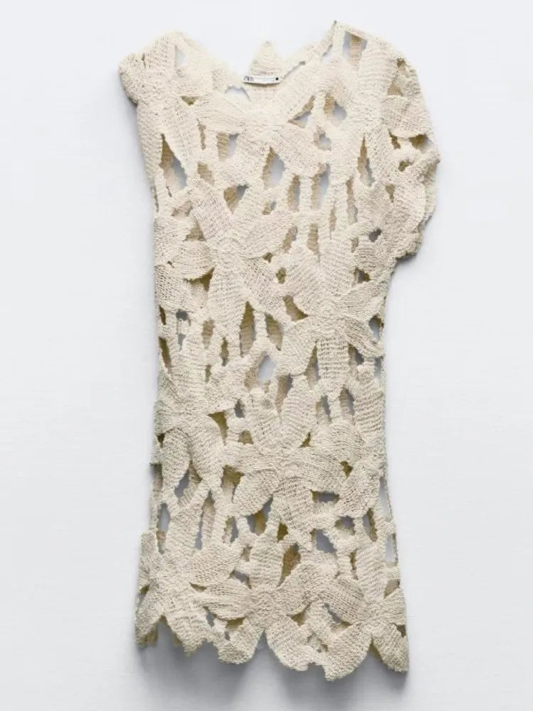 Robe de plage sexy en maille pour femme, décolleté en V ajouré, manches courtes, paréo, robe de vacances été 2025, maillots de bain de plage