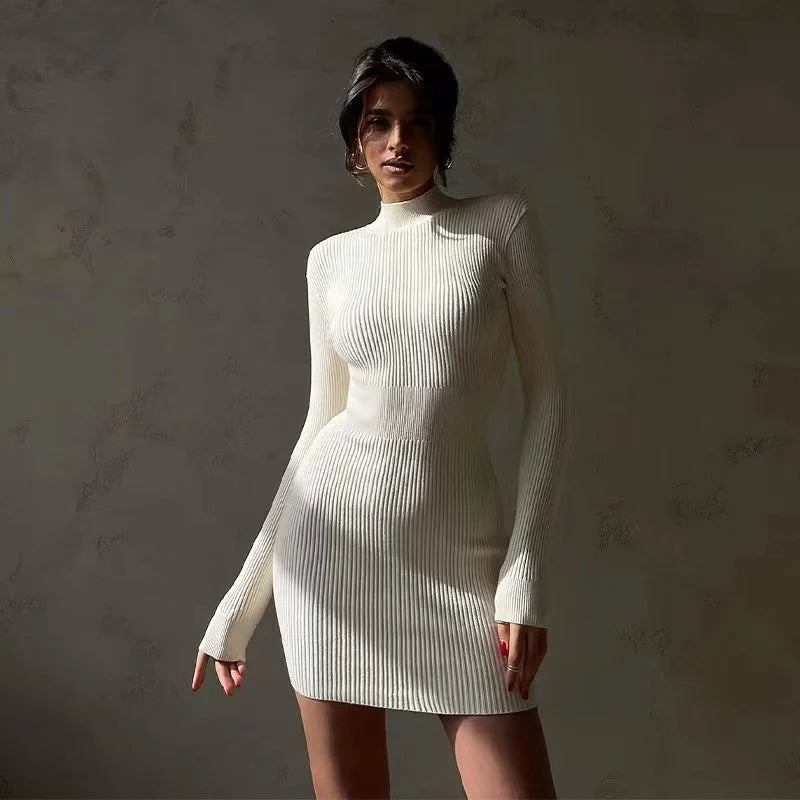 Robe mi-longue moulante à manches longues pour femme, nouvelle collection automne 2024, tricot, col roulé, élégante, couleur unie, slim