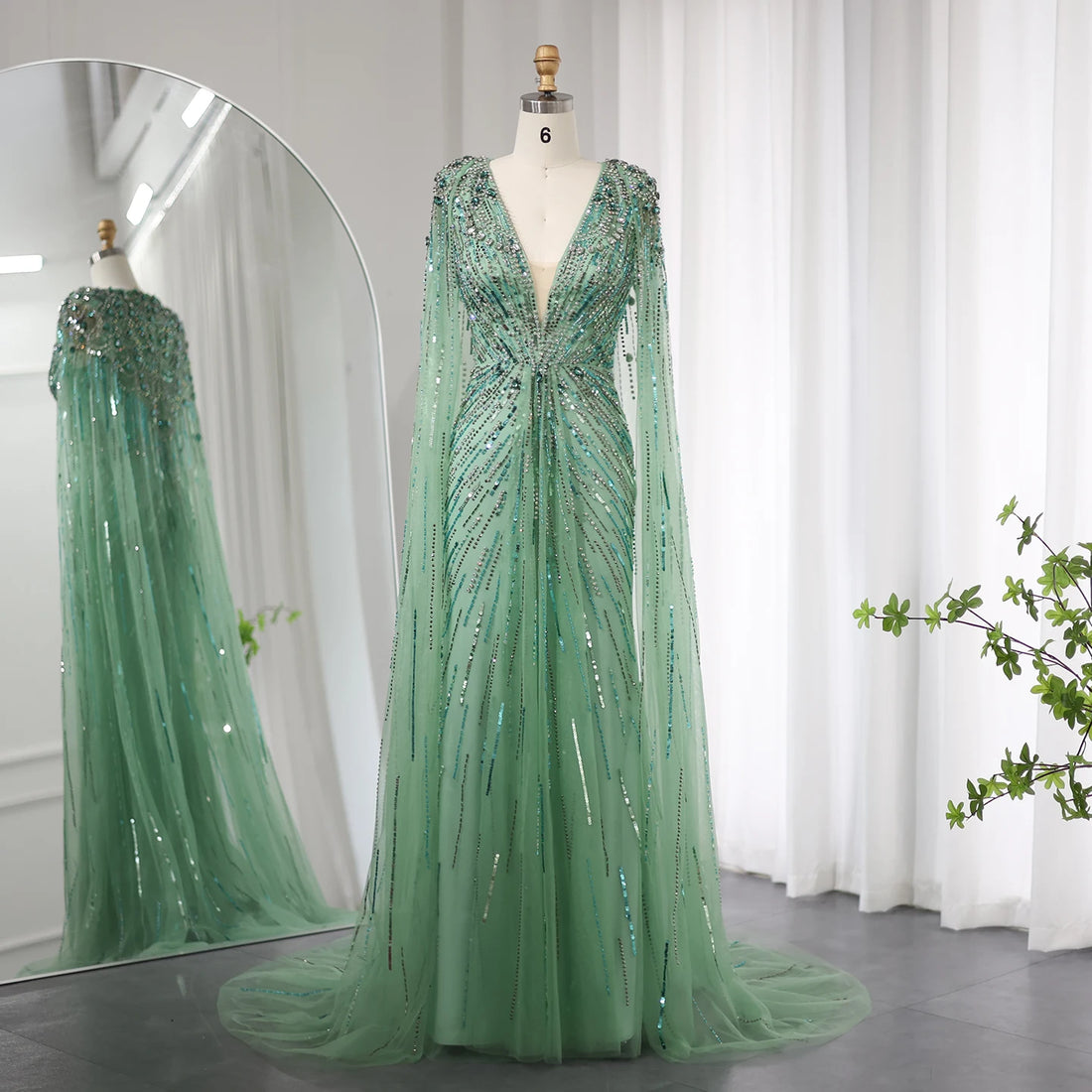 Sharon Said Robe de soirée luxueuse en cristal vert sauge avec cape fuchsia doré Robe de mariée arabe Robes de soirée SS399 Personnalisé