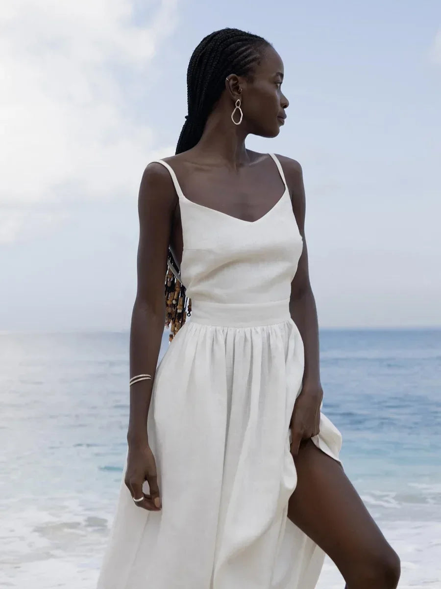 Bornladies Printemps Été Plage Style Femmes Robe Vintage Lâche A-ligne Sling Robe Sexy Fille Chaude 100% Coton Col V Robe
