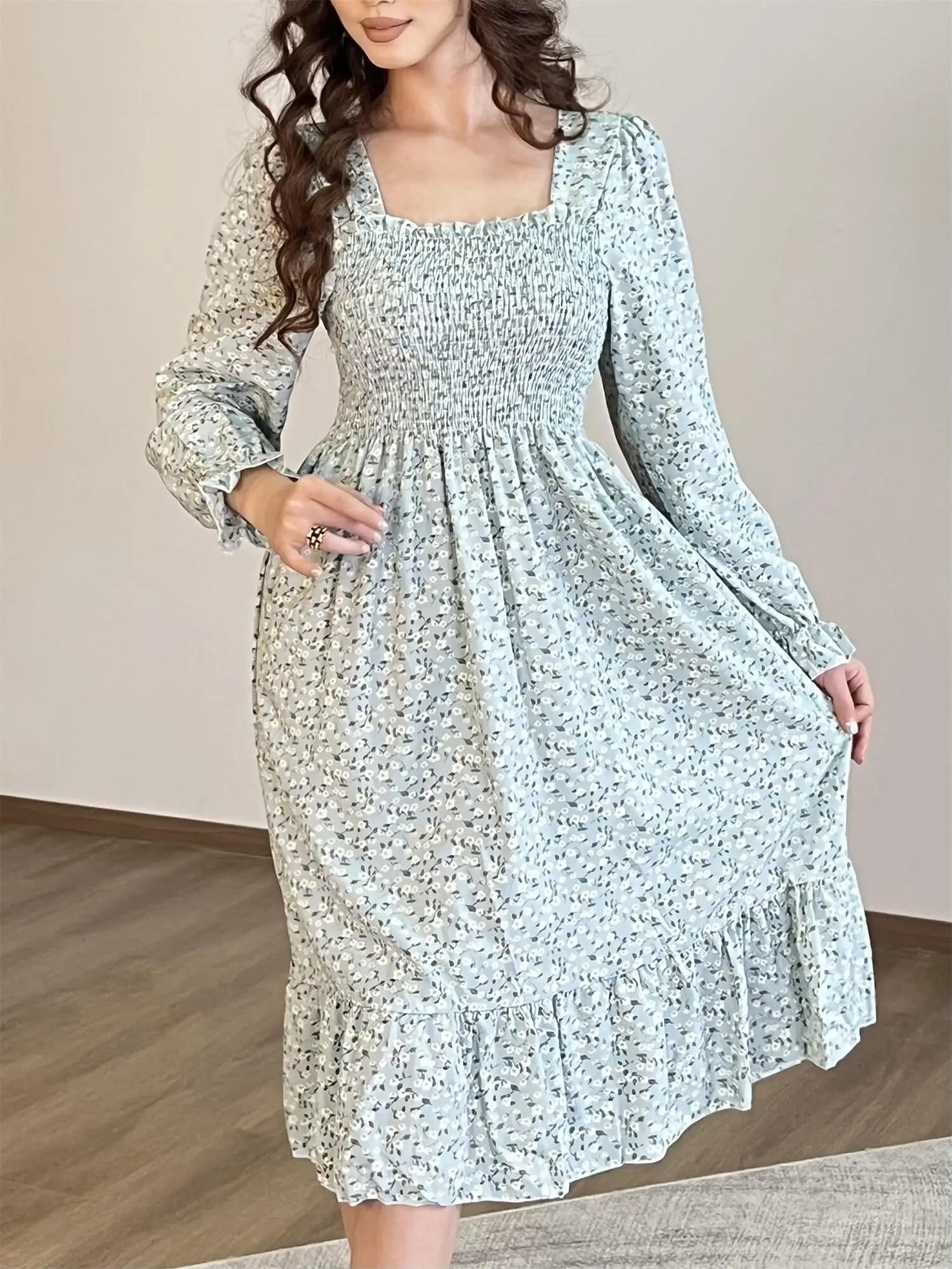 Robe décontractée en mousseline de soie pour femme, manches longues, coupe trapèze, imprimé floral, élastique sur la poitrine, lacets, mi-longue, automne et printemps