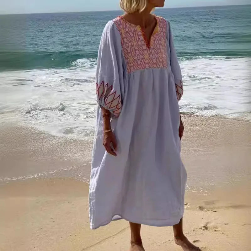 Robe longue élégante à col en V profond et manches longues pour femme, motif imprimé patchwork, style bohème, décontractée, plissée, ample, pour les vacances