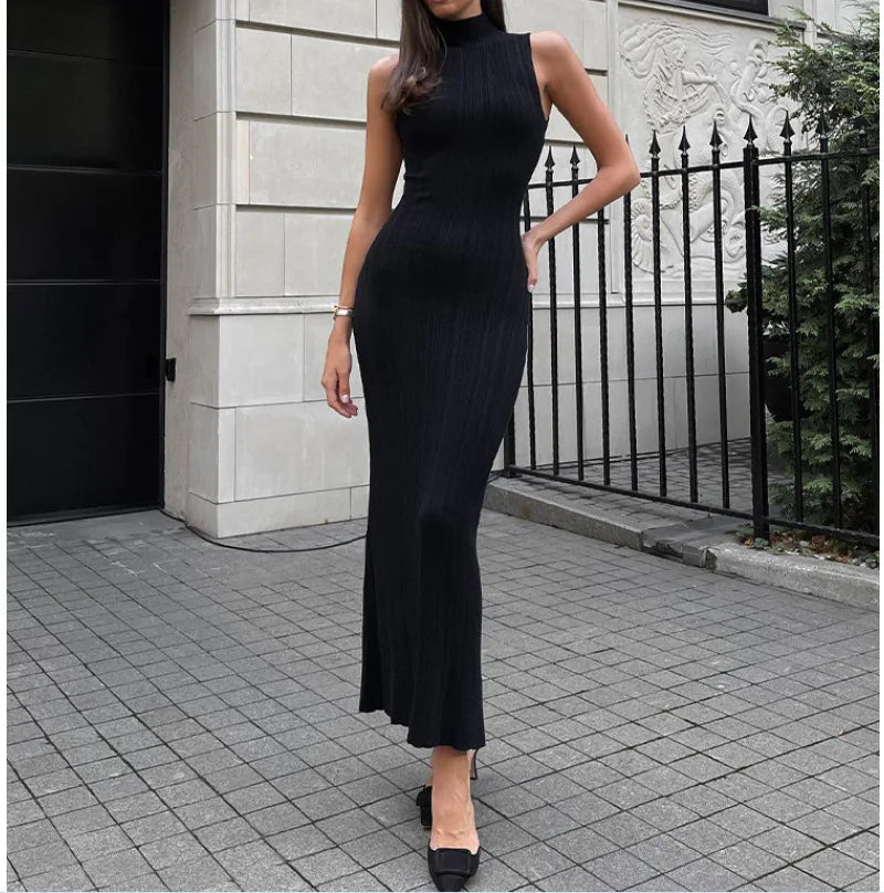 Robe longue moulante à rayures de couleur unie pour femme, sans manches, col roulé et demi-manches