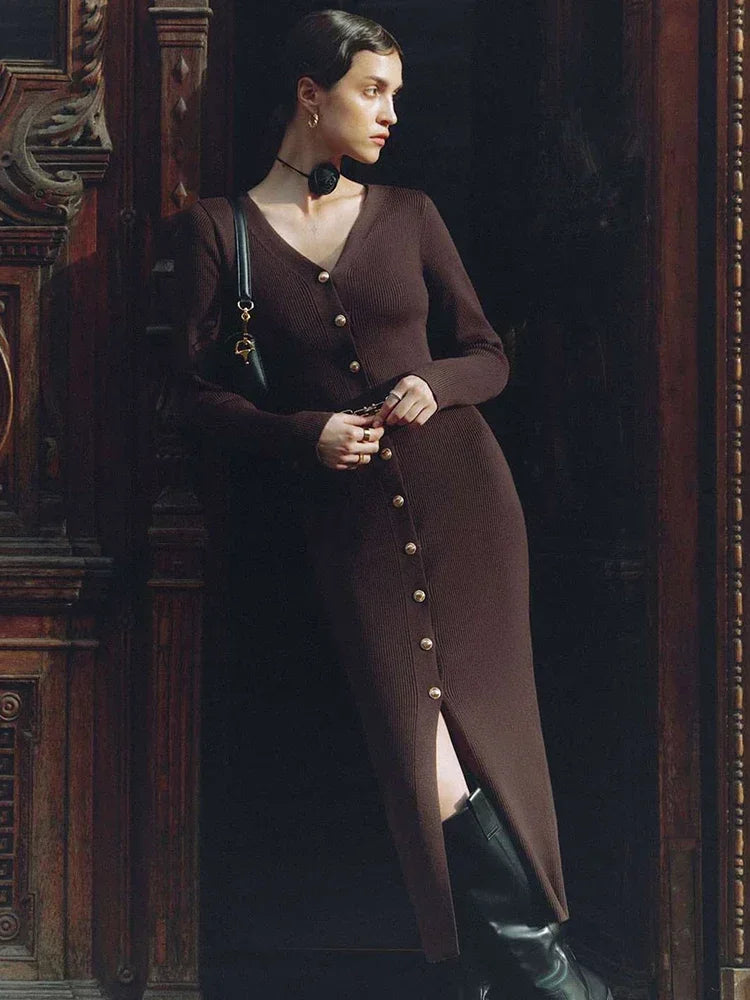 Robe de soirée élégante Trendix pour femmes, col en V, manches longues, patchwork, boutons, fente, pull, automne-hiver 2024, robe longue en tricot