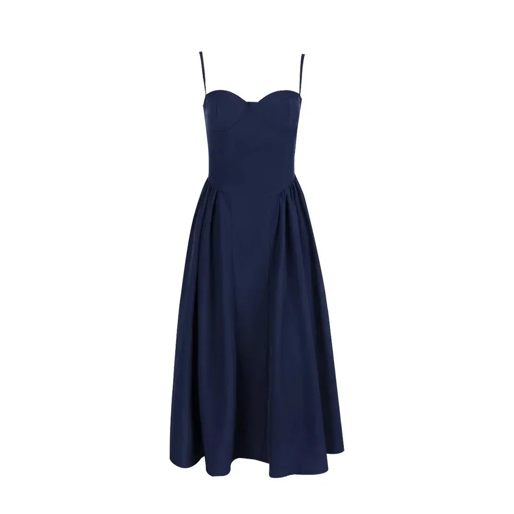 Robe midi élégante à fines bretelles, coupe ajustée, idéale pour les fêtes, bleu marine, pour un anniversaire ou une occasion spéciale. Vêtements pour femmes.