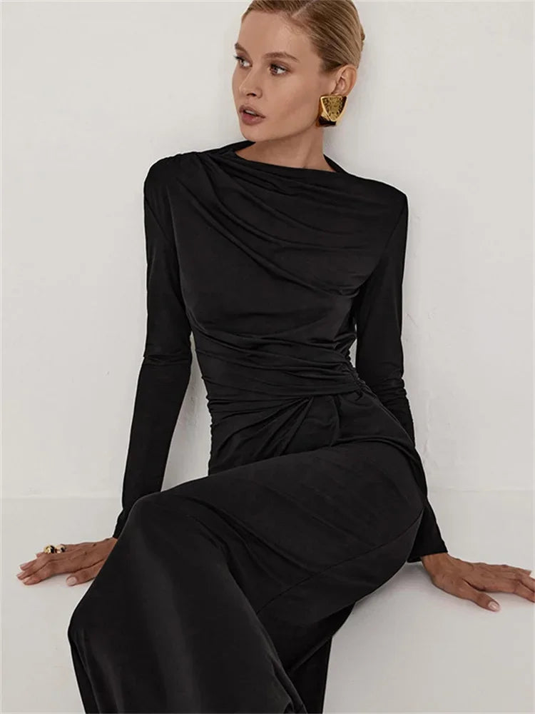 Robe longue plissée et fine pour femme, élégante, taille haute, manches longues, style bandage, automne, patchwork