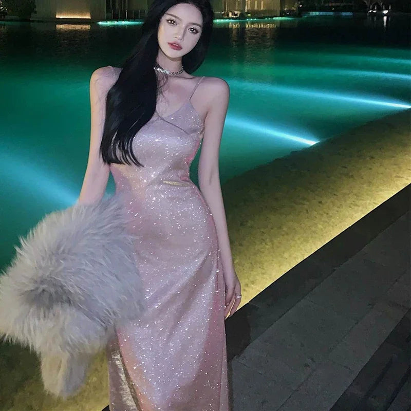 Lucyever Élégante Robe Scintillante Col V Femme Mode Coréenne Spaghetti Bretelles Robe de Soirée Dames Sexy Sequin Robe Épaules Dénudées
