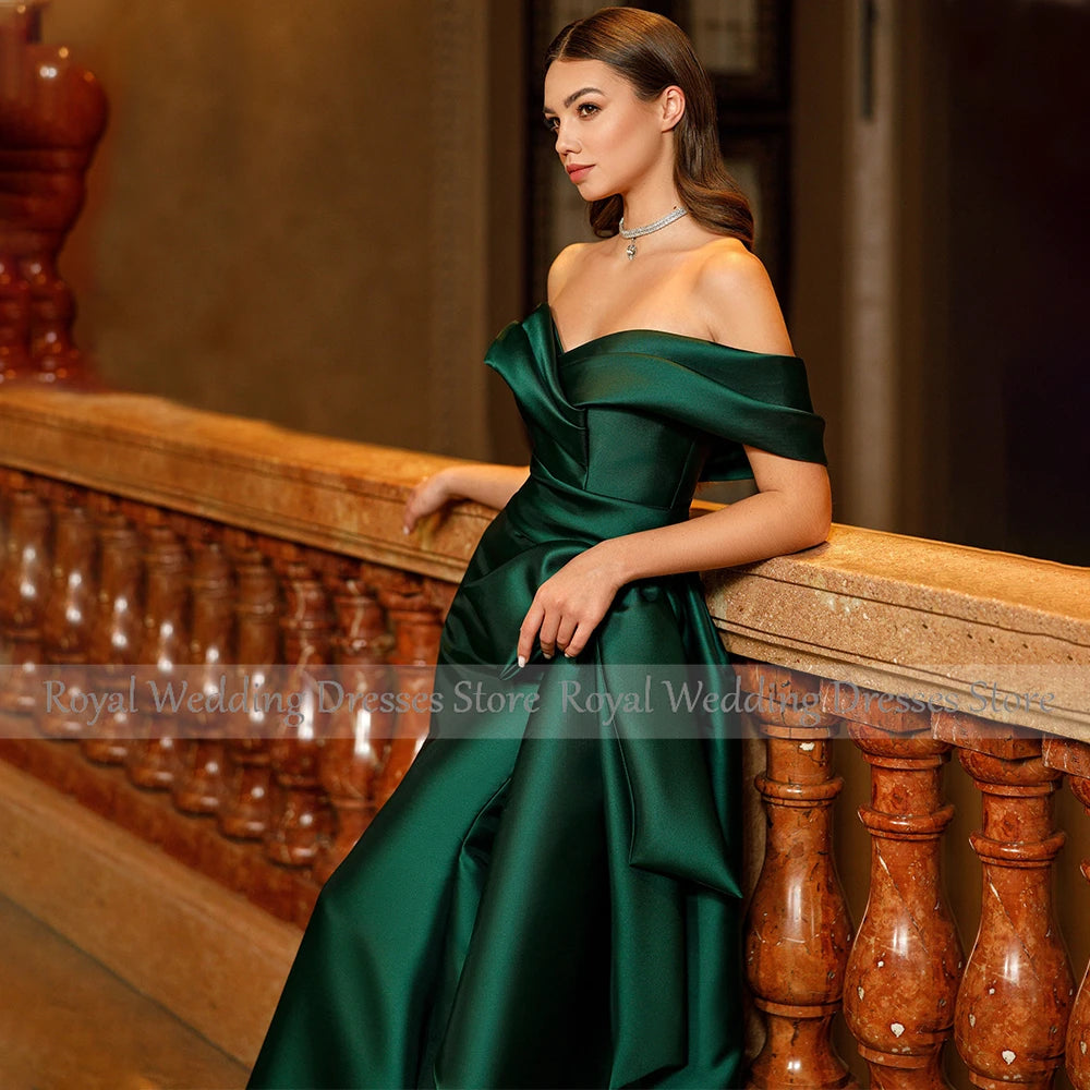 Robe de soirée sirène en satin vert foncé, épaules dénudées, élégante robe de bal sans manches à nœud papillon pour femme 2023